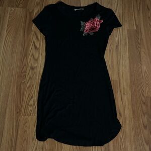 Mind Code Black Short‎ Sleeve Shirt Dress Red Floral Embroidery Size M Boho